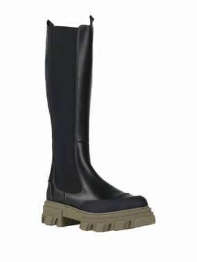 Ganni Black Knee-High Combat Boots with Olive Sole